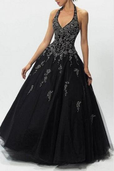 Elegant Halter Black A-line Princess Evening Maxi Dress with Lace Appliques_1