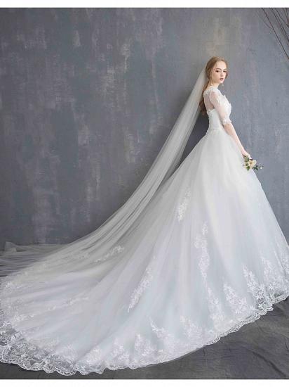 Glamouröses durchsichtiges Ballkleid-Hochzeitskleid U-Ausschnitt-Spitze Tüll Pailletten Halbarm-Brautkleider mit Kapellenschleppe_15