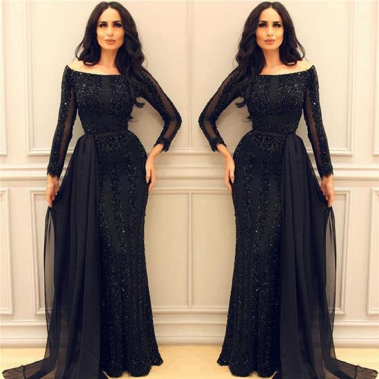 Black Beads Sequins Evening Dresses with Sleeves | Chiffon Train Sheath Sexy Prom Dresses_3