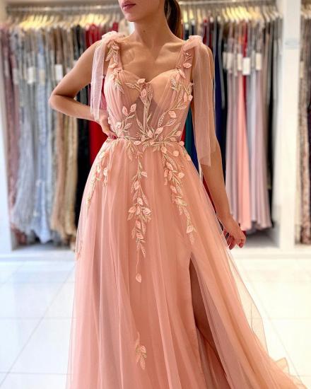 Stunning Tulle Sleeveless Aline Eveining Dress | Sweetheart Floral Lace Side Slit Party Gown_3