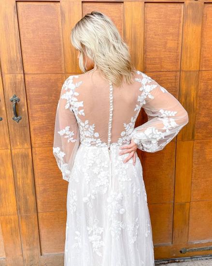 V-neck Tulle long sleeve Lace Wedding Dress_2