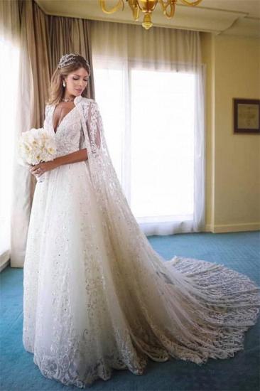 Straps V-neck Beads Appliques A-line Wedding Dresses | Cheap Bridal Gowns with Lace Cape