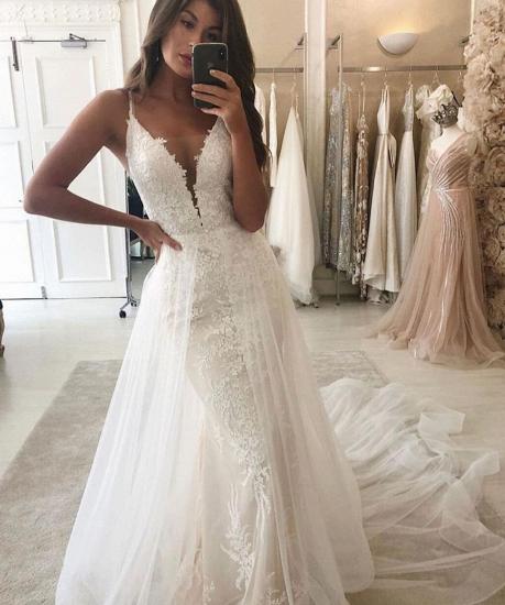 White/Ivory Mermaid Garden Bridal Gown Wedding Dress V-Neck Straps Detachable Train_2