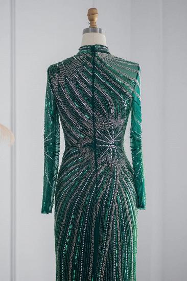 Elegante Abendkleider im Meerjungfrau-Stil mit Stehkragen und langen Ärmeln, Perlenstickerei und Kristallschärpe_20