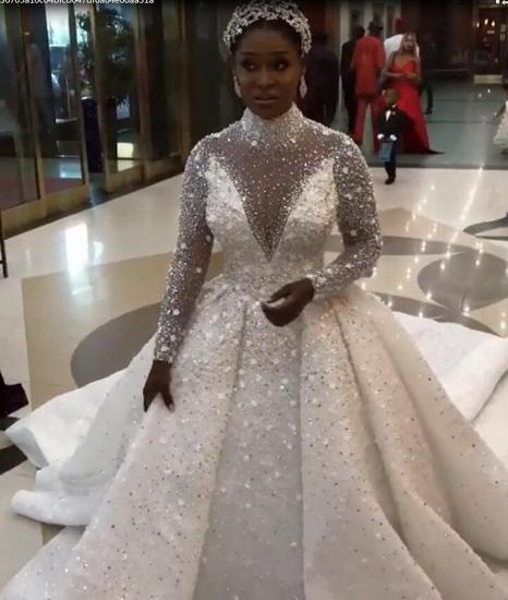 Gorgeous Sparkling Crystal Beads Ball Gown Wedding Dresses | High Neck Long Sleeve Bridal Gowns_4