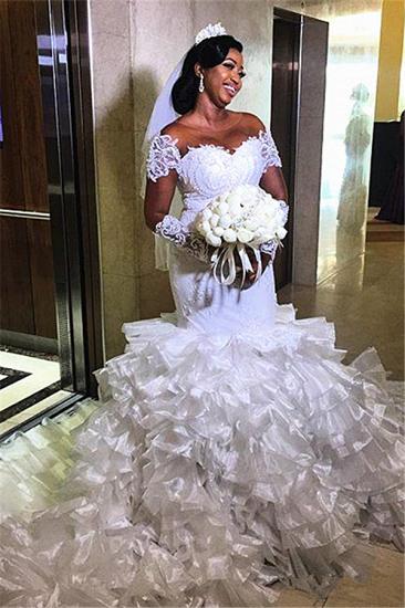 Short sleeves Off-the-shoulder White Mermaid Wedding Dresses with Ruffle Train_1