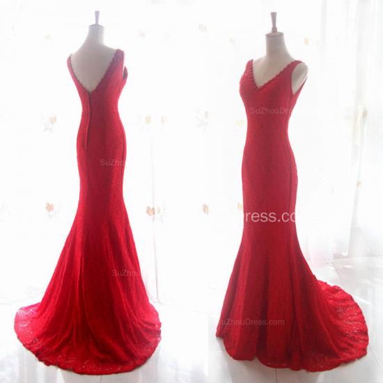 Long Mermaid V-Neck Lace Red Evening Dresses Sweep Train Popular Cheap Party Dresses for Special Occassion_2