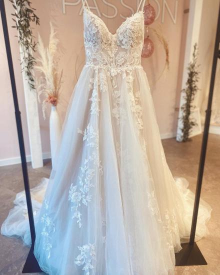 Romantic Spaghetti Straps White Floral Tulle Wedding Dress Sleeveless Aline Floor Length Dress for Weddings_2