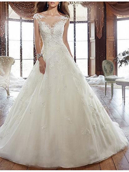 A-Line Wedding Dress V-neck Tulle Regular Straps Bridal Gowns Formal Plus Size with Court Train