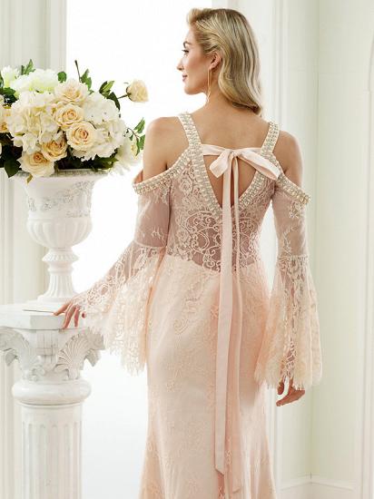 Sexy Etui-Hochzeitskleid mit floraler Spitze, langen Ärmeln, Brautkleidern in Farbe, offener Rücken mit Sweep-Zug_7