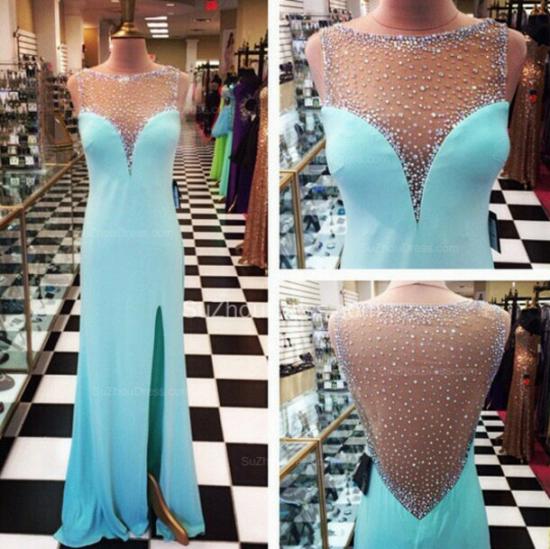 Bateau A-Line Sexy Prom Gowns 2022 Side Slit Sweep Train Evening Dresses with Beadings_2