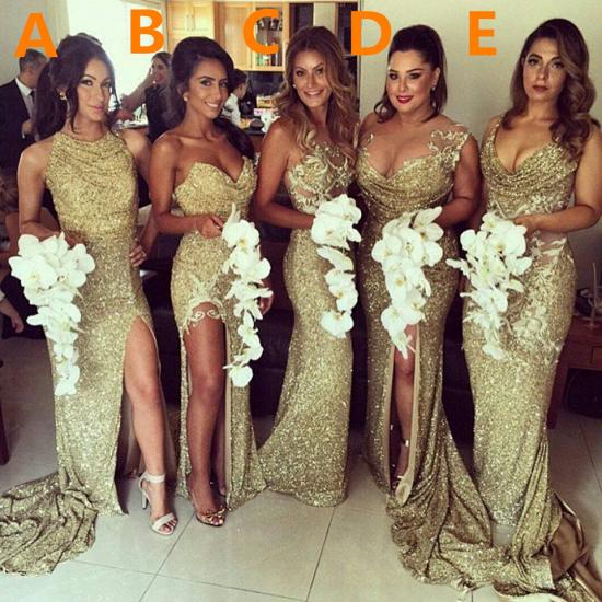 Sexy Gold Sequins Bridesmaid Dresses Side Slit Sparkly Wedding Party Dress_5
