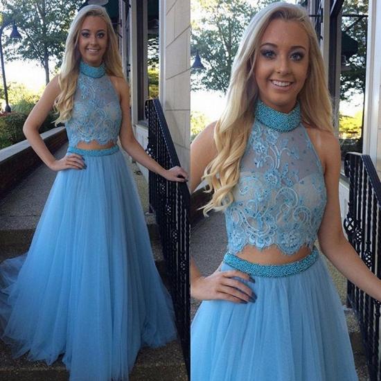 Gorgeous High Collar Two Piece Prom Dress Beading Handmade Tulle Evening Gown_3