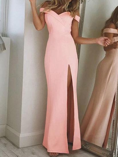 Pink Sheath Off-The-Shoulder Prom Dresses 2022 Simple Side Slit Evening Dresses_3