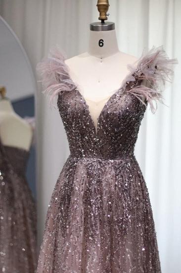 Luxury Glitter Sequins Aline Evening Party Dress V-Neck Fur Floor-Length Formal Dresses_8