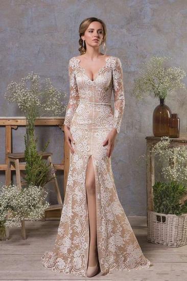 Stunning Floral Lace Pearls Mermaid Bridal Dress with Side Slit Long Sleeves_1