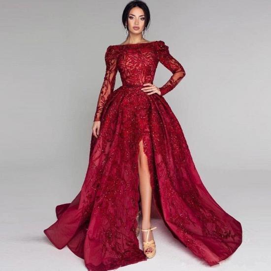 Fashion Word Shoulder Open Back Long Sleeves Floor Length A-line Split Prom Dresses With Lace Appliques And Waistband | Burgundy Princess Party Gowns With Zipper_4