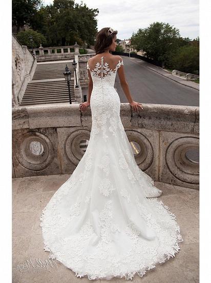 Affordable Mermaid Wedding Dresses Off Shoulder Lace Tulle Lace Short Sleeve Sexy Bridal Gowns with Court Train_3