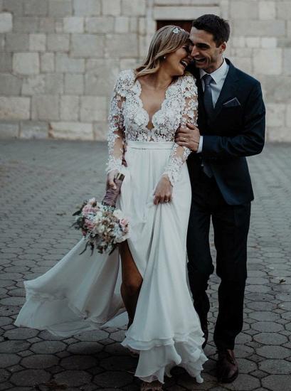 Charming Long Sleeve Lace Applique Front Split Bridal Gowns|Long V-Neck Wedding Dress_1