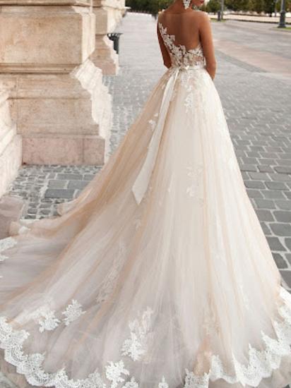 Formal A-Line Wedding Dress Jewel Lace Tulle Sleeveless Sexy See-Through Bridal Gowns with Sweep Train_2