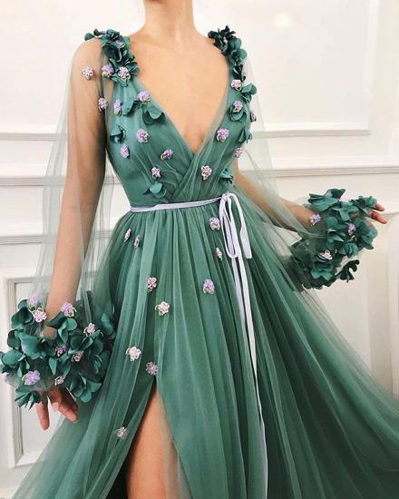 Gorgeous Green Long-Sleeves Tulle Side-Slit A-Line Prom Dress_2