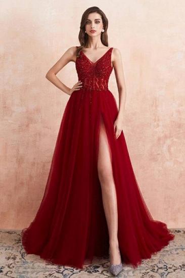 Luxury Burgundy V-Neck Beading Tulle Appliques Prom Dress A-line Side Split Evening Dress