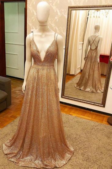 Trendy New Arrival Pluging V-neck Golden Sparkle Prom Dress with Criss-cross Back