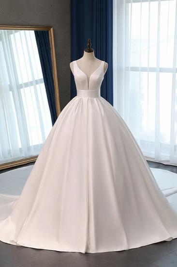 TsClothzone Sexy Deep-V-Neck Straps Satin Wedding Dress Ball Gown Ruffles Sleeveless Bridal Gowns Online