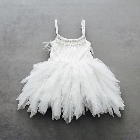Lovely Spaghetti Straps White Short Flower Girl Dresses | Boho Tea Length Gowns with Feather for Spring Garden Wedding_3