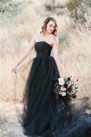 Strapless Boho Black Tulle Wedding Dress Aline Bridal Dress