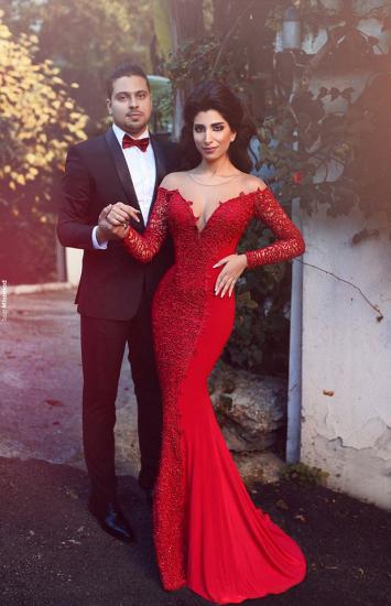 2022 Red Prom Dress Sexy Mermaid Long Sleeve Sheath Evening Dress with Lace_1