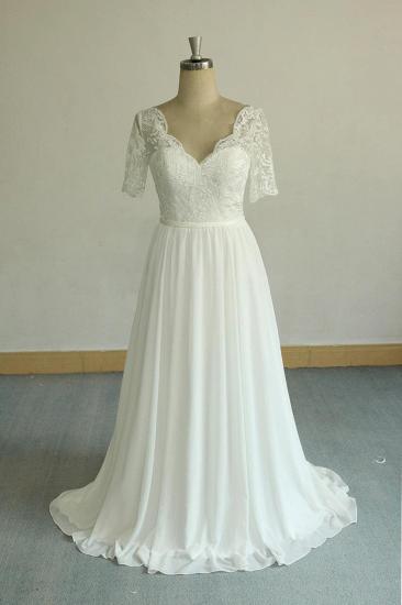 Erschwingliches Halbarm-Chiffon-Hochzeitskleid mit V-Ausschnitt | Weiße Brautkleider in A-Linie mit Rüschen
