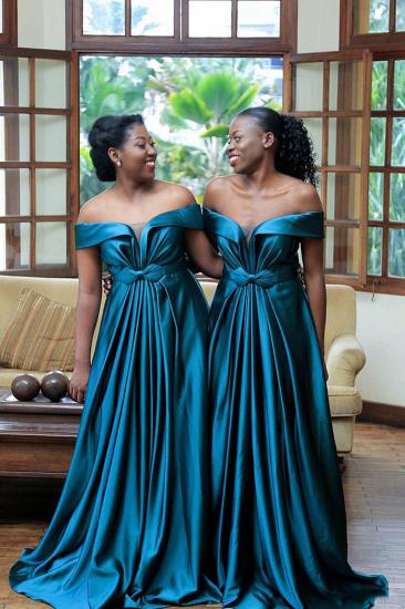 Sexy New Off-shoulder Sweep Train Bridesmaid Dresses With Bow Belt | Long Blue Wedding Party Dresses_3