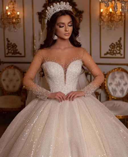 Luxury Sweetheart Sparkly Sequins Bridal Gown Long Sleeves_5