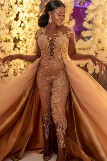 Sheer Long Sleeves Lace Beading  Jumpsuit  With Long Satin And Tulle Train Prom Dresses | Floor Length Evening Gowns