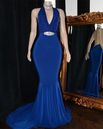Blaue Pailletten Ballkleider mit V-Ausschnitt | Elegantes rückenfreies Abendkleid mit Kristallen_3