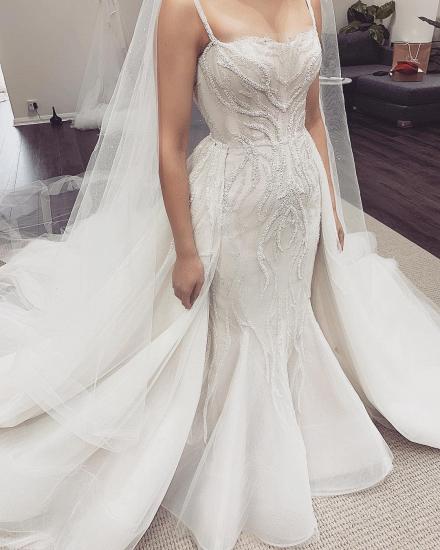 White Illusion neck White Sleeveless Mermaid Wedding Dress with Overskirt_4