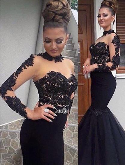Black Mermaid Long Sleeves Prom Dresses | High Neck Appliques Evening Gowns_1
