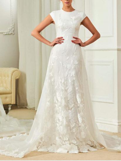 Simple A-Line Wedding Dress Jewel Lace Organza Satin Cap Sleeves Bridal Gowns with Sweep Train