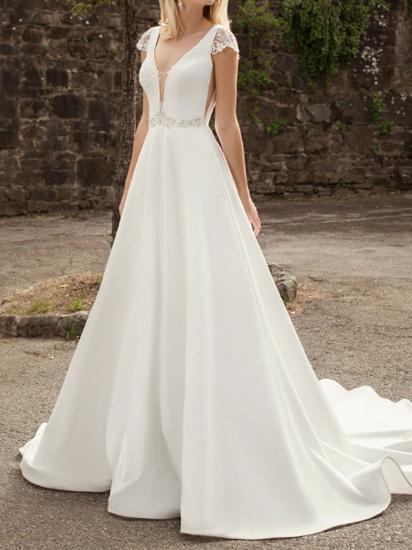 A-Line Wedding Dresses V-Neck Lace Chiffon Over Satin Cap Sleeve Bridal Gowns Country Plus Size Sweep Train