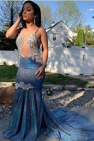 Sparkle navy blue lace applique mermaid prom dress_1