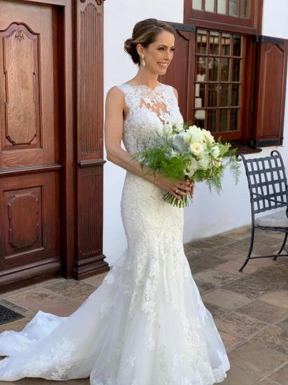 Elegant Sleeveless Strap Lace Appliques Mermaid Bridal Wedding Dresses_2