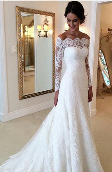 White Off-the-shoulder Lace Long Sleeve Bridal Gowns Sheath Simple Custom Made Wedding Dresses_2