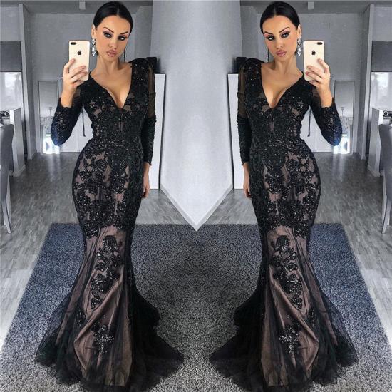 Charming Black Tulle Nude Lining Evening Dresses with Sleeves | Elegant Long Sleeve Beads Appliques Prom Dresses_3