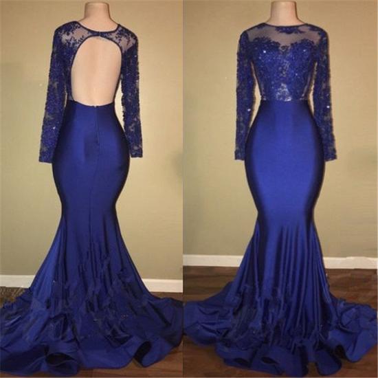 Sexy Open Back Royal Blue Real Model Prom Dresses | Lace Long Sleeve Mermaid Evening Gown_5