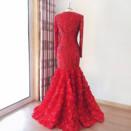Red Long Sleeves Floral Appliques Mermaid Evening Prom Gown_2
