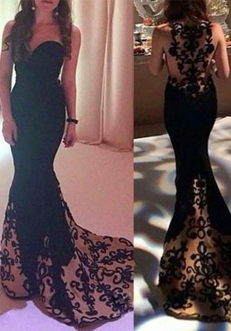Long Unique Black Applique Lace 2022 Formal Dress Sweetheart Prom Dress_2