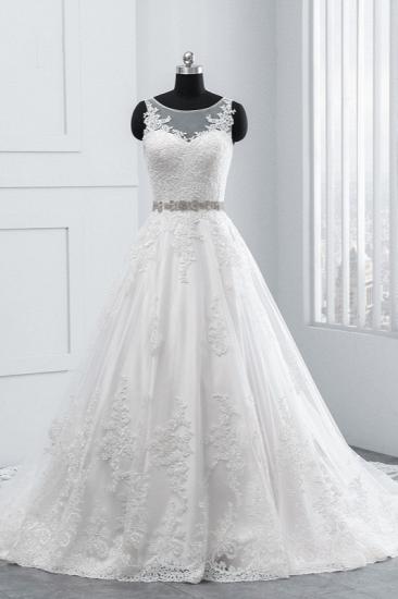 TsClothzone Simple Jewel Tulle Lace Wedding Dress A-Line Appliques Beadings Bridal Gowns with Sash Online_1