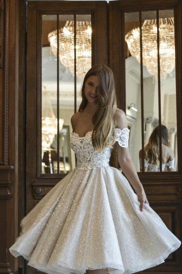 Mode schulterfreies Spitzenapplikationen kurzes Hochzeitskleid Pailletten-Pailletten-Brautkleid