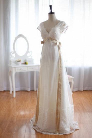 A-Line Short Sleeve Empire Bridal Dress Open Back Lace Floor Length Wedding Dresses_1